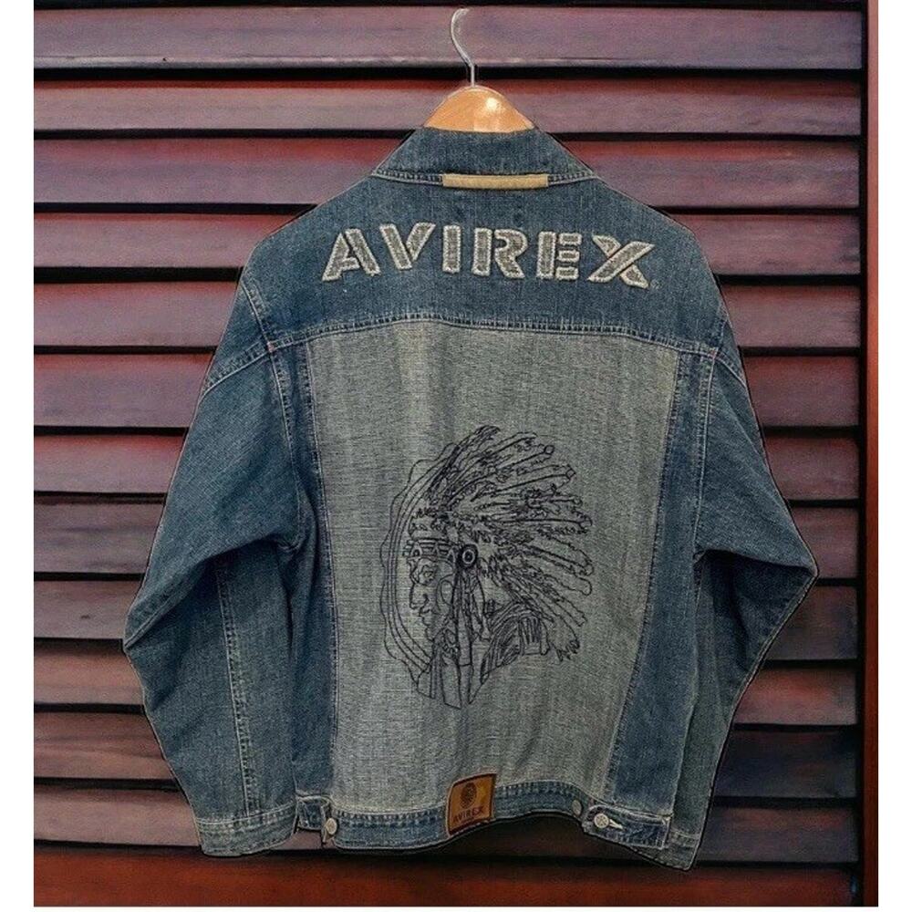 Vtg Avirex First Nation Embroidered Blue Denim Aviator Jean Jacket Mens Size XL